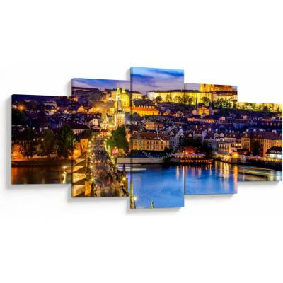 Obraz - Karlov most, Praha, Česká Republika (s hodinami), päťdielne 150x80 cm s hodinami
