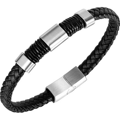 Troli Moderné pánsky kožený náramok Leather čierna, strieborná