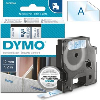 Páska Dymo D1, 12mm (45011) průhledná, modrý tisk, 7m