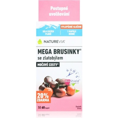 NatureVia Mega Brusinky se zlatobýlem kapsle pro zdraví močových cest 60 kapslí