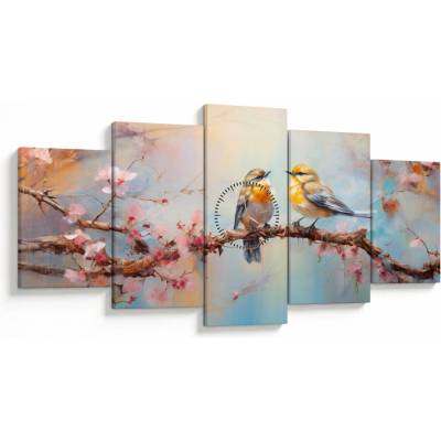 Obraz - Zamilovaní vtáčiky (s hodinami), päťdielne 150x80 cm s hodinami