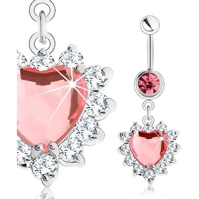 Šperky eshop piercing do pupíku z oceli růžové zirkonové srdce čirý blýskavý lem SP25.17