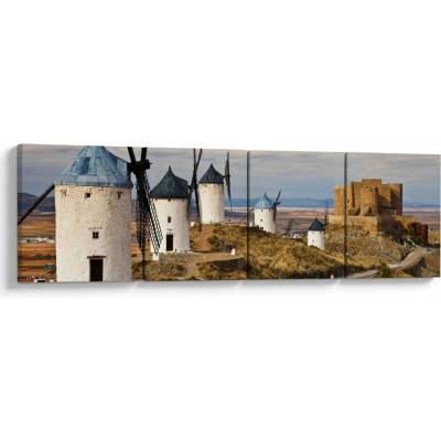 Obraz - Veterné mlyny Consuegra, Španielsko, štvordielne 160x40 cm