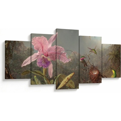 Obraz - Martin Johnson Heade, Cattleya Orchid and Three Hummingbirds, reprodukcia (s hodinami), päťdielne 150x80 cm s hodinami