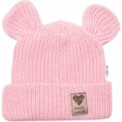 Baby Nellys pletená bavlněná čiapka s uškami dvojvrstvová ružová