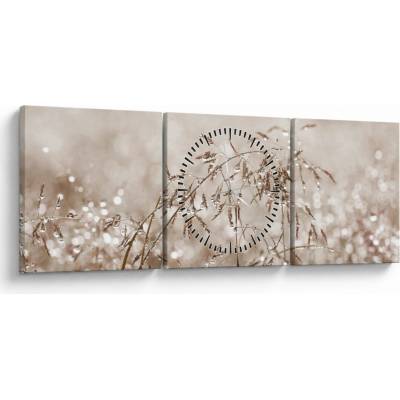 Obraz - Louka v hnědých tónech (s hodinami), třídílný 90x30 cm s hodinami