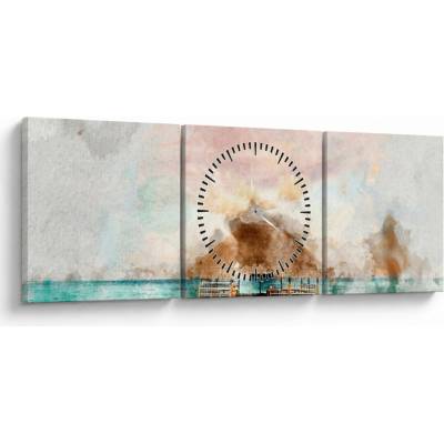 Obraz - Maledivy, drevené mólo (s hodinami), trojdielne 90x30 cm s hodinami