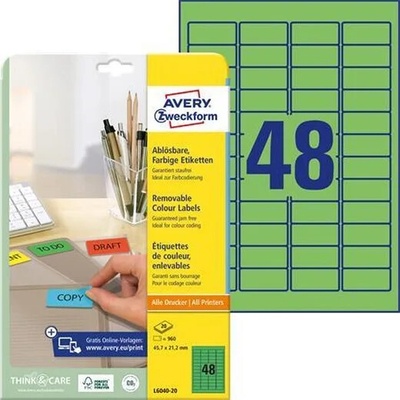 AVERY ZWECKFORM Etikety, univerzálne, 45,7x21,2 mm, odstrániteľné, zaoblené rohy, AVERY ZWECKFORM, 960 etikiet/bal, zelené