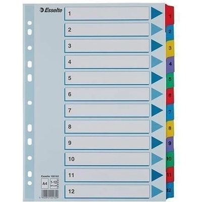 Zesílené rejstříky "Mylar", mix barev, karton, A4, 1-12, ESSELTE