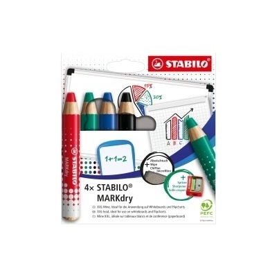Stabilo MARKdry suchý popisovač na tabuľu a flipchart 4ks+ strúhadlo a handrička