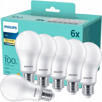 Philips LED sada žiaroviek 6x13W-100W E27 1521lm 2700K set 6ks, biela