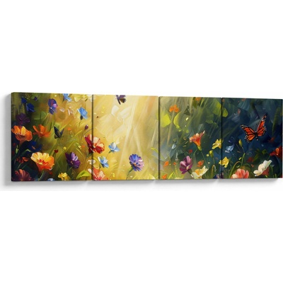 Obraz - Jarná kvetinová lúka, maľba, štvordielne 160x40 cm