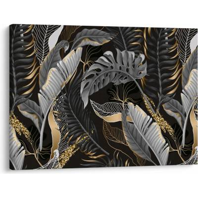 Obraz - Tropické listy v čierno-zlatej, jednodielne 70x50 cm