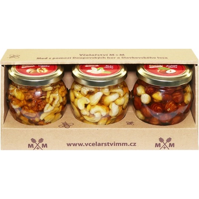 Včelařství M+M balíček ořechů v medu vlašské, kešu, lískové 3 x 250 g