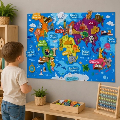 Plstěná dětská mapa světa se zvířátky a památkami