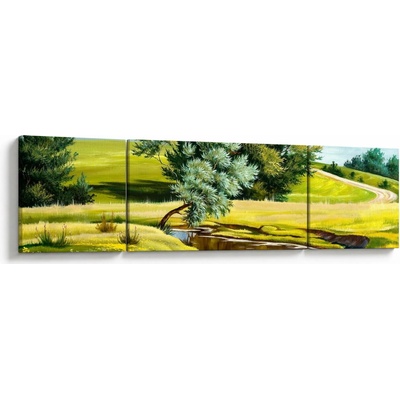 Obraz - Řeka mezi loukami, olejomalba, třídílný 170x50 cm