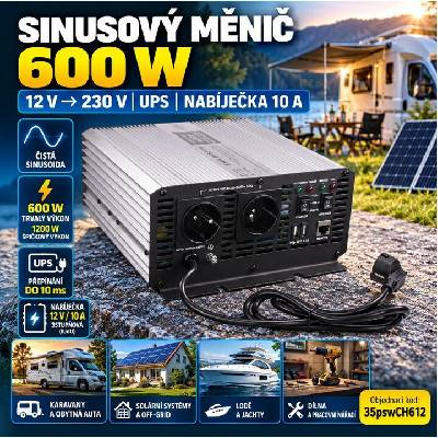 Autonabíječka 12V/10A + měnič sinus 600W 12/230V, UPS, STM 35PSWCH612