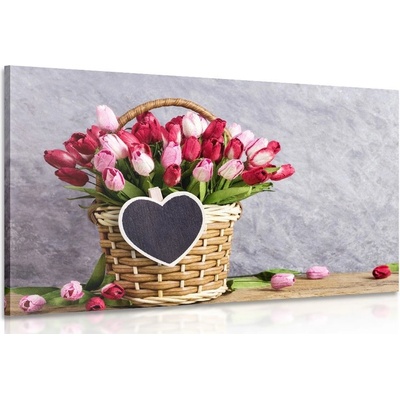 Obraz červené tulipány v dřevěném košíku - 60x40