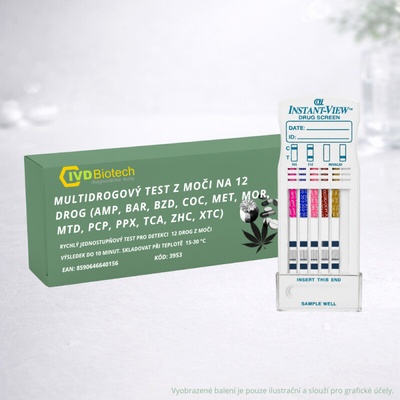 IVD Biotech Multi drogový test z moči na 12 drog (AMP, BAR, BZD, COC, MET, MOR, MTD, PCP, PPX, TCA, THC, XTC) 1 ks