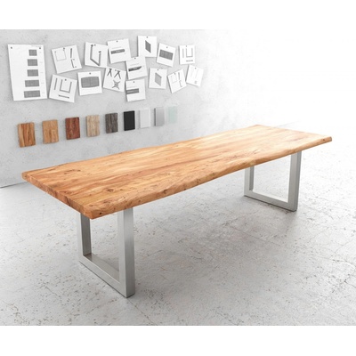 DELIFE Jídelní stůl Edge 280 x 100 cm akácie přírodní nerezová ocel široký Live-Edge