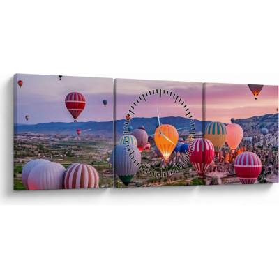 Obraz - Teplovzdušné balóny (s hodinami), trojdielne 90x30 cm s hodinami