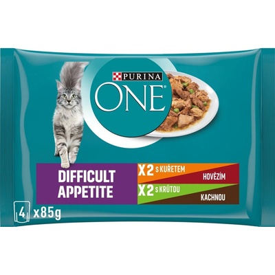 Purina One Difficult Appetite kuře a hovězí krůta a kachna ve šťávě 4 x 85 g