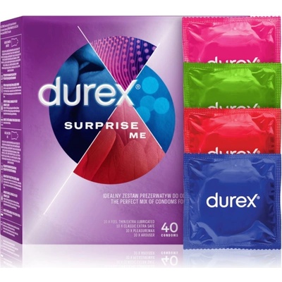 Durex Surprise Me Feel Thin Extra Lubricated 10 ks + Extra Safe 10 ks + Pleasuremax 10 ks + Durex Arouser 10 ks