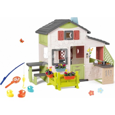 Smoby Set domeček Přátel s předzahrádkou a rybářská udice Friends House Life rozšiřitelný se třemi kachničkami a letní kuchyňka se 17 doplňky – Hledejceny.cz