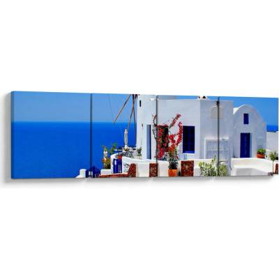 Obraz - Domček v Grécku, štvordielne 160x40 cm