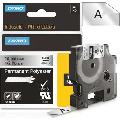 Páska Dymo Rhino PES, 12mm (18486) metal., černý tisk, 5,5m