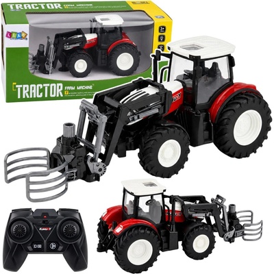 LEAN Toys Diaľkovo ovládaný farmársky RC traktor s čelným nakladačom a drapákom na balíky 1:24, červený RTR