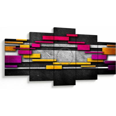 Obraz farebné abstrakcie na čiernom pozadí (s hodinami), päťdielne 150x80 cm s hodinami