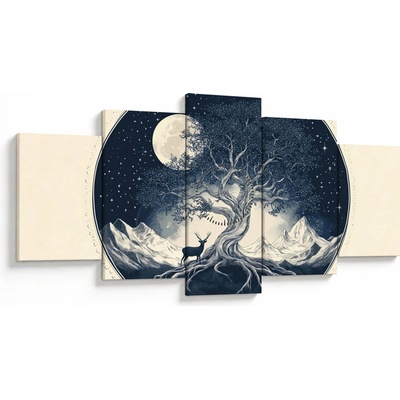 Obraz – Magický strom s jeleňom I. (s hodinami), päťdielne 150x80 cm s hodinami