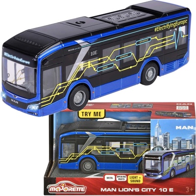 Autobus MAN Lion´s City 10 E Bus Majorette se zvukem a světlem s gumovými kolečky a otevíratelné dveře délka 22,5 cm