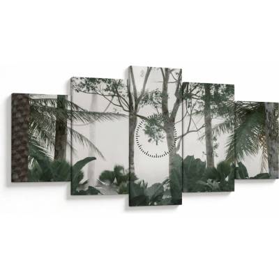 Obraz - Jungle v rannej hmle (s hodinami), päťdielne 150x80 cm s hodinami