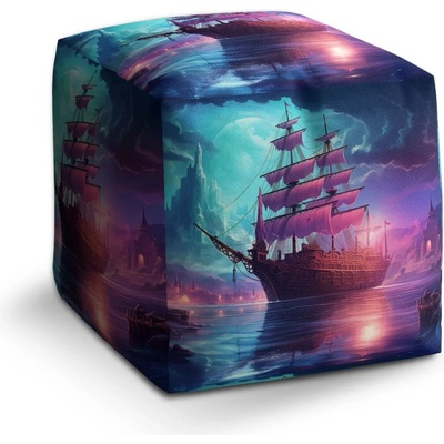 Sablio Taburet Cube Magická plachetnice pod měsícem: 40x40x40 cm