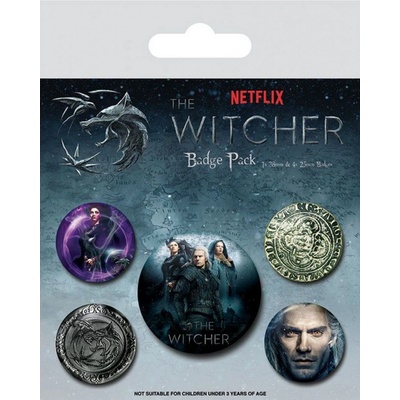 CurePink Set 5 Placek Netflix Zaklínač průměr 2,5 cm a 3,8 cm