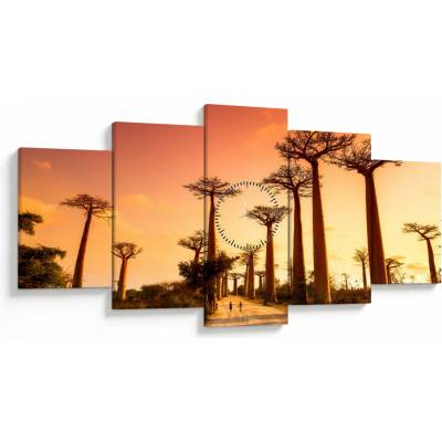 Obraz - Západ slnka v uličke Baobab (s hodinami), päťdielne 150x80 cm s hodinami
