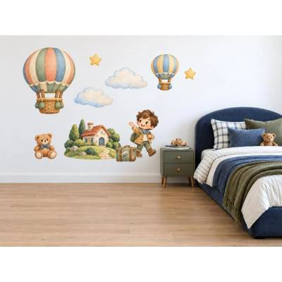 Nalepte.cz Balónové dobrodružství cestovatelské akvarelové samolepky na zeď pro kluky arch 46 x 34 cm – Hledejceny.cz