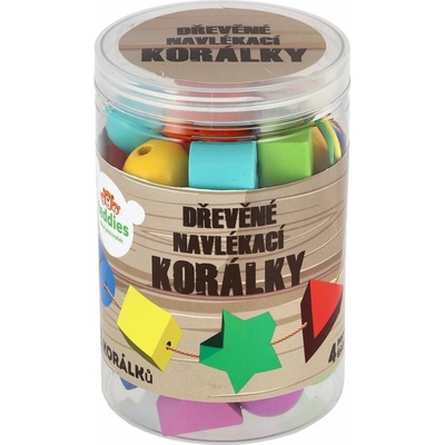 Teddies Korálky dřevěné barevné navlékací 42ks se šňůrkami 4ks v plastové dóze 10x15cm