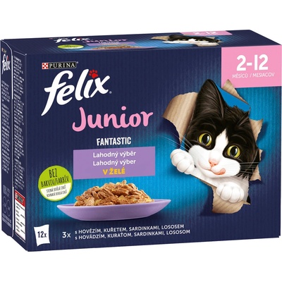 Felix Fantastic Junior s hovězím kuřetem sardinami a lososem v želé 12 x 85 g