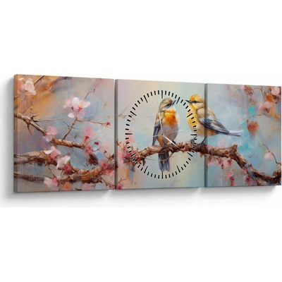 Obraz - Zamilovaní vtáčiky (s hodinami), trojdielne 90x30 cm s hodinami
