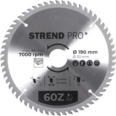 Kotúč Strend Pro TCT 190x2.4x30/20 mm 60T, na drevo, pílový, SK plátky