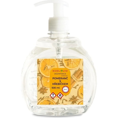 Ecoliquid Antiviral dezinfekce na ruce pumpička pomeranč + hřebíček 500 ml