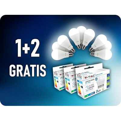 V-TAC E27 LED žiarovka 8,5W, 806lm, A60, balenie 3 kusy, 1+2 Denná biela