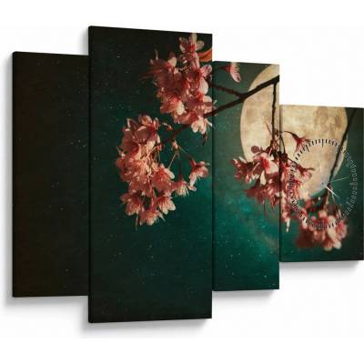 Obraz - Sakura v úplňku (s hodinami), Čtyřdílný 110x75 cm s hodinami