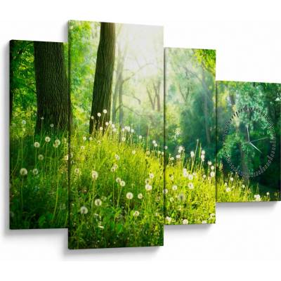 Obraz - Magická louka plná pampelišek (s hodinami), Čtyřdílný 110x75 cm s hodinami
