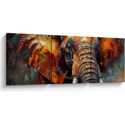 Obraz - Maľba slona (s hodinami), trojdielne 90x30 cm s hodinami
