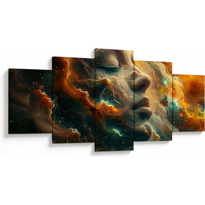 Obraz - Tvář ve vesmíru (s hodinami), pětidílný 150x80 cm s hodinami