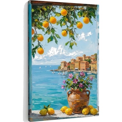 Obraz výhľad na stredomorské pobrežie s citrónmi na plátne – s ručne maľovanými detailmi - 60x90 cm